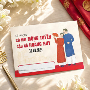 Thiệp cưới họa tiết chibi cô dâu chú rể viền đỏ