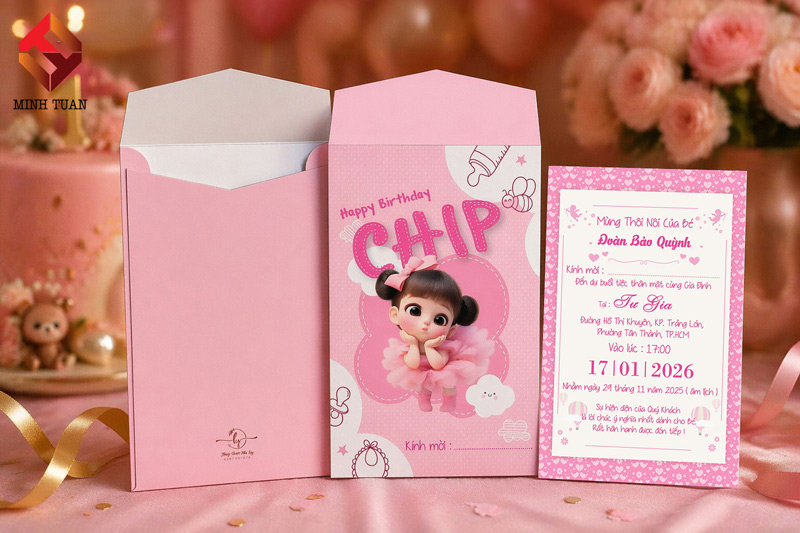 Thiệp sinh nhật họa tiết búp bê màu hồng