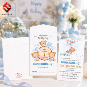 Thiệp thôi nôi họa tiết gấu đáng yêu