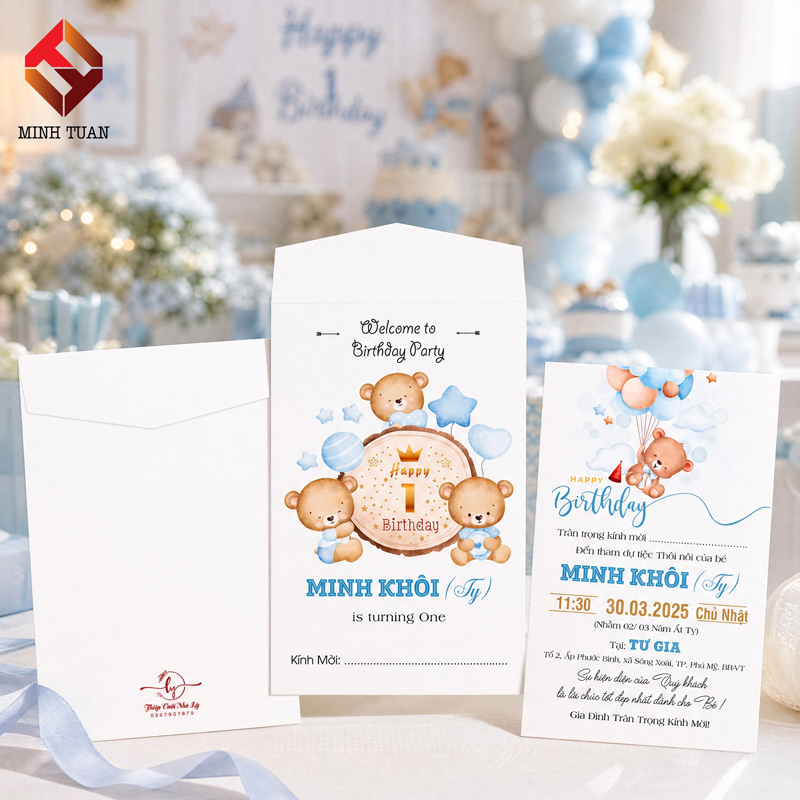 Thiệp thôi nôi họa tiết gấu đáng yêu