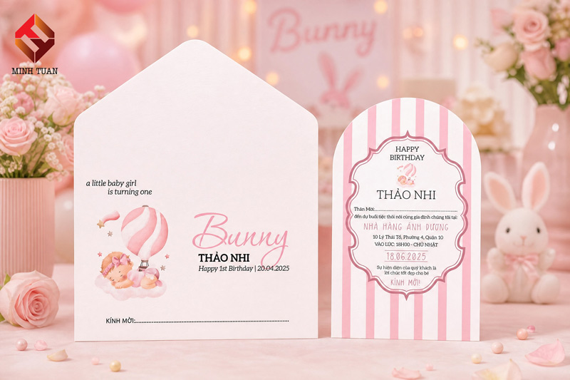 Thiệp mời thôi nôi cho bé gái màu hồng nhạt