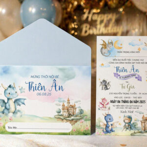 Thiệp thôi nôi họa tiết khủng long con