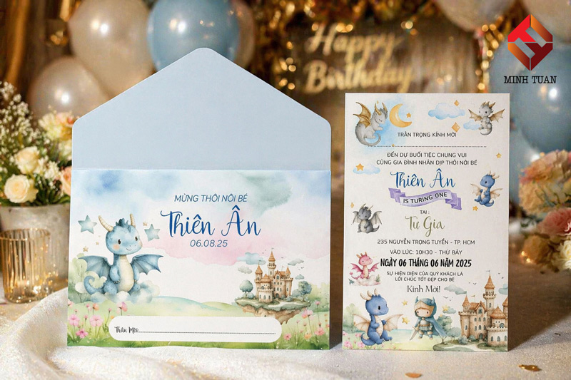 Thiệp thôi nôi họa tiết khủng long con