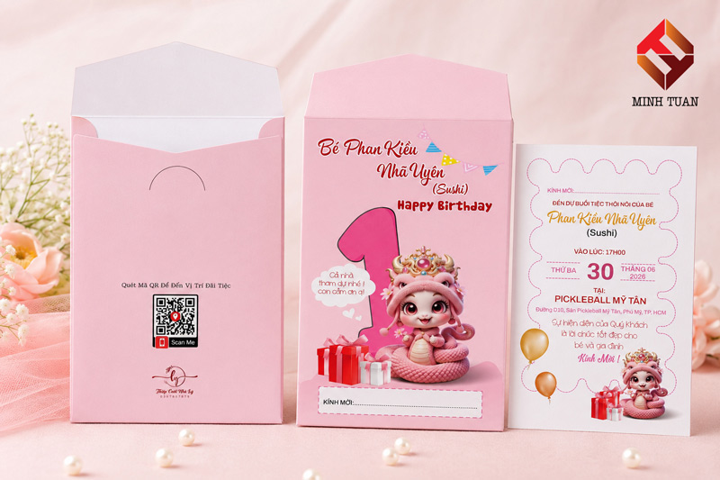 Thiệp thôi nôi màu hồng đáng yêu