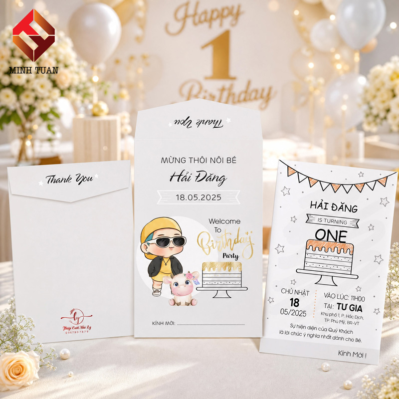 Thiệp thôi nôi Chibi màu trắng xám nhẹ