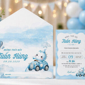 Thiệp Mời Thôi Nôi Cho Bé Trai Màu Xanh Ngọc