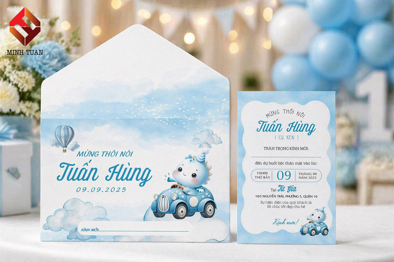 Thiệp Mời Thôi Nôi Cho Bé Trai Màu Xanh Ngọc