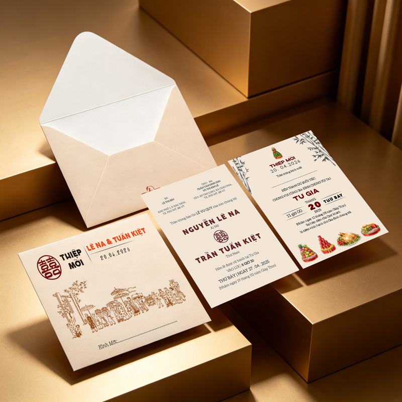 Thiệp cưới giá rẻ màu kem