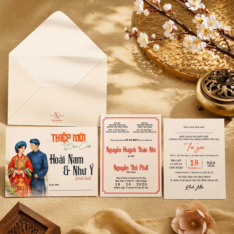 Thiệp cưới ưu đãi họa tiết cô dâu chú rể