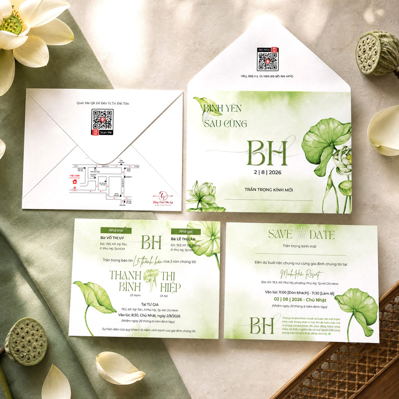 Thiệp cưới ưu đãi họa tiết hoa sen màu xanh lá