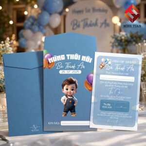 Thiệp thôi nôi họa tiết Chibi màu xanh da trời